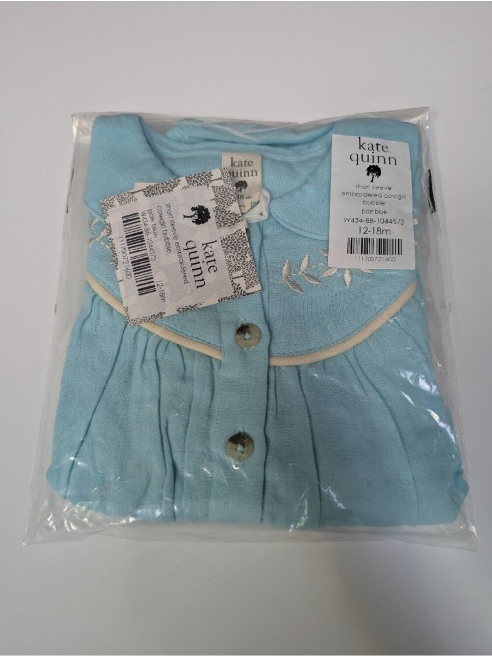 Kate Quinn Organic Cotton Gauze Embroidered Cowgirl Bubble Pale Blue 12-18